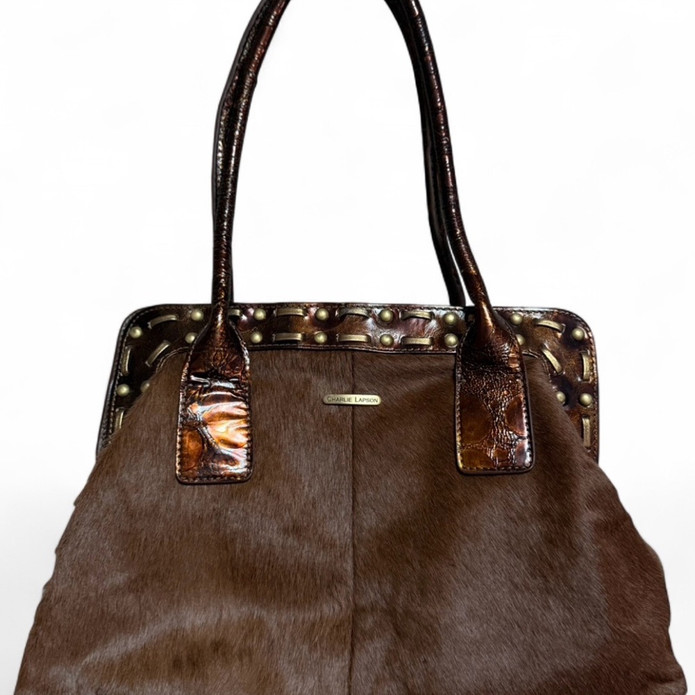 Charlie Lapson Brown Cowhide Studded Top Handle Bag Double Handles Zip Women
